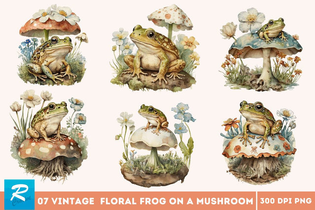 Watercolor Vintage Cute Floral Frog on a Mushroom Bundle Sublimation Regulrcrative 