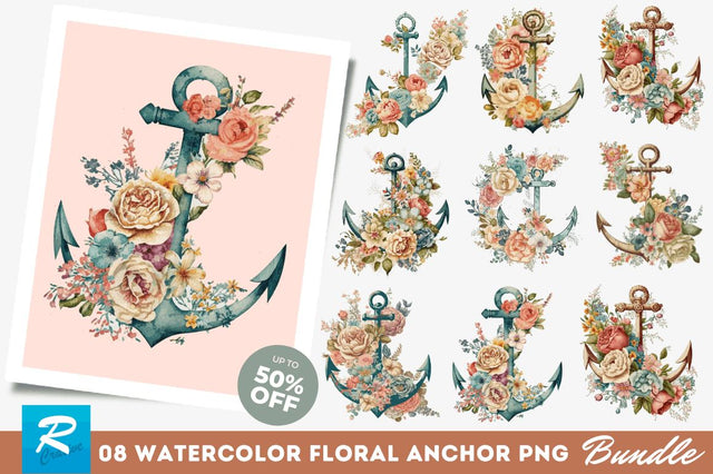Watercolor Vintage Floral Anchor Clipart Bundle Sublimation Regulrcrative 