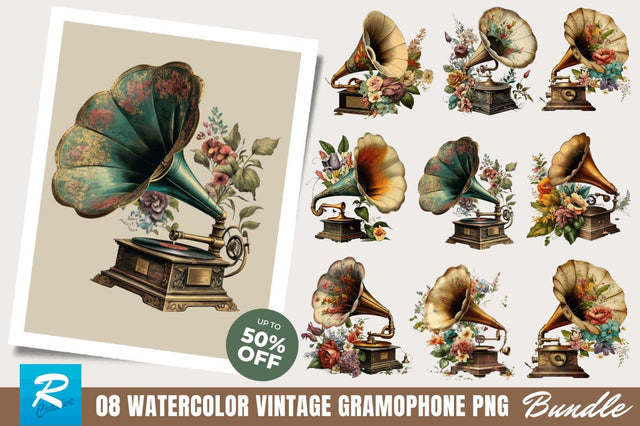 Watercolor Vintage Gramophone Clipart Bundle Sublimation Regulrcrative 