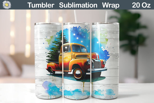 Watercolor Vintage Truck Tumbler | Christmas Truck Tumbler Sublimation WatercolorColorDream 