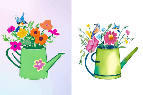 Watercolor Watering Can with Birds Clipart Bundle Sublimation Regulrcrative 