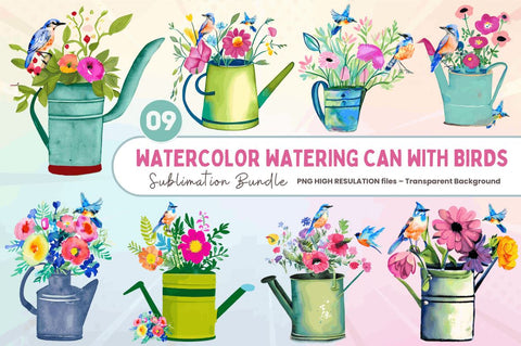 Watercolor Watering Can with Birds Clipart Bundle Sublimation Regulrcrative 