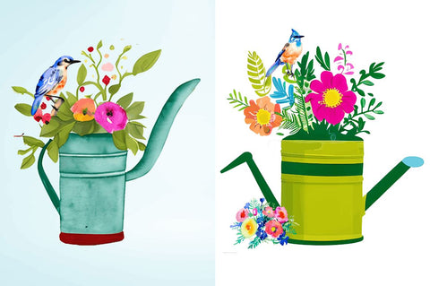 Watercolor Watering Can with Birds Clipart Bundle Sublimation Regulrcrative 