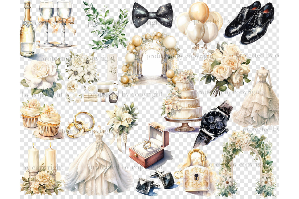 Watercolor Wedding Clipart Bundle | Bridal Illustration Set - So Fontsy