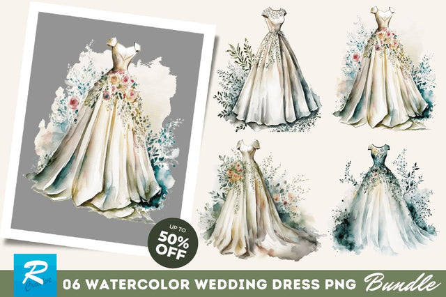 Watercolor Wedding Dress Clipart Bundle Sublimation Regulrcrative 