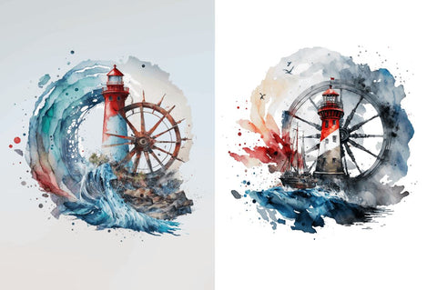 Watercolor Wheel and Lighthouse Clipart Bundle Sublimation Regulrcrative 
