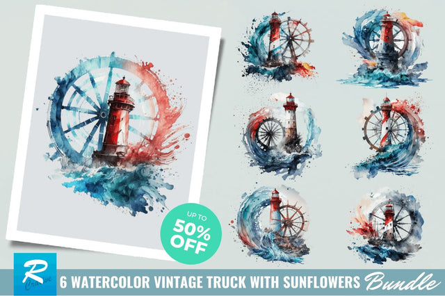 Watercolor Wheel and Lighthouse Clipart Bundle Sublimation Regulrcrative 
