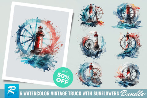 Watercolor Wheel and Lighthouse Clipart Bundle Sublimation Regulrcrative 