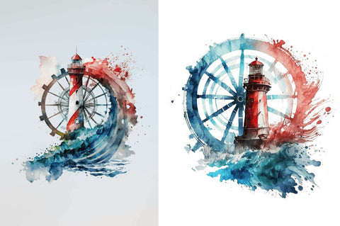 Watercolor Wheel and Lighthouse Clipart Bundle Sublimation Regulrcrative 