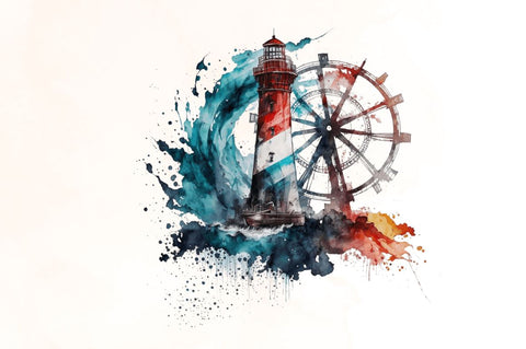 Watercolor Wheel and Lighthouse Clipart Bundle Sublimation Regulrcrative 