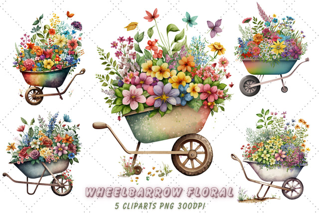 Watercolor Wheelbarrow Floral Clipart Bundle, Sublimation, Floral Wheelbarrow Sublimation FloridPrintables 