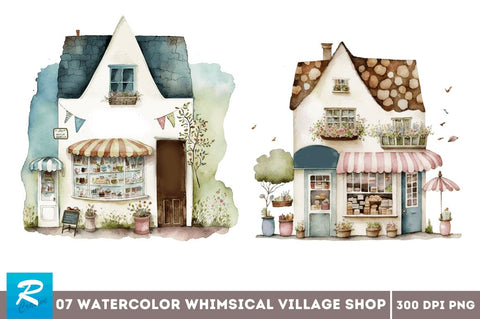 Watercolor Whimsical Village Shop Clipart Bundle Sublimation Regulrcrative 