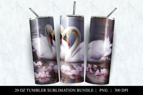 Watercolor White Swans 20 oz Skinny Tumbler Sublimation PNG SVG BijouBay 