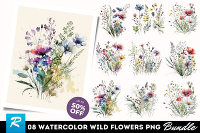 Watercolor Wild Flowers Clipart Bundle Sublimation Regulrcrative 