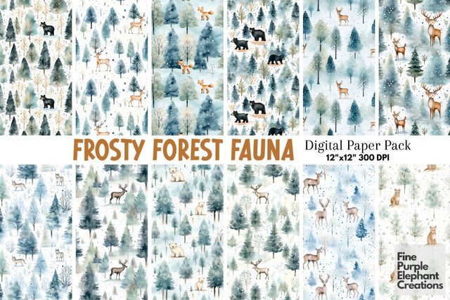 Watercolor Winter Forest Animals Digital Pattern Fine Purple Elephant Creations 