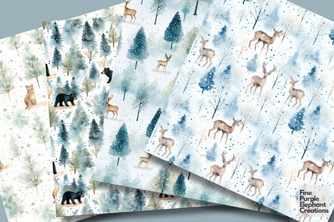 Watercolor Winter Forest Animals Digital Pattern Fine Purple Elephant Creations 