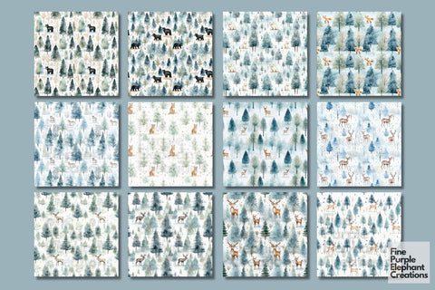 Watercolor Winter Forest Animals Digital Pattern Fine Purple Elephant Creations 