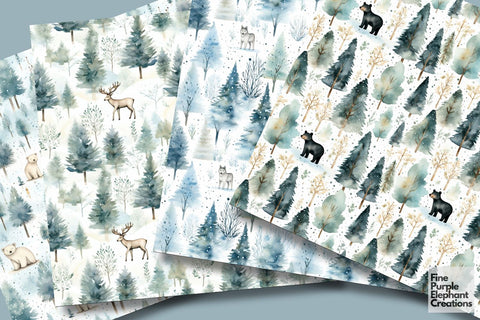 Watercolor Winter Forest Animals Digital Pattern Fine Purple Elephant Creations 