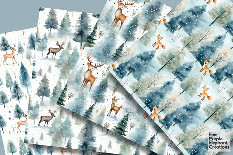 Watercolor Winter Forest Animals Digital Pattern Fine Purple Elephant Creations 