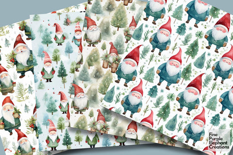 Watercolor Winter Garden Gnomes Digital Pattern Fine Purple Elephant Creations 