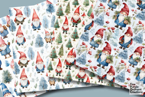 Watercolor Winter Garden Gnomes Digital Pattern Fine Purple Elephant Creations 