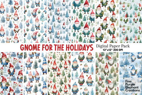 Watercolor Winter Garden Gnomes Digital Pattern Fine Purple Elephant Creations 