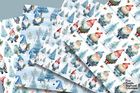 Watercolor Winter Garden Gnomes Digital Pattern Fine Purple Elephant Creations 