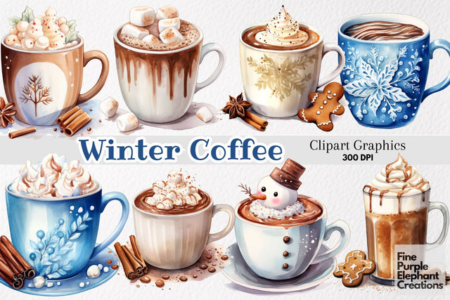 Watercolor Winter Holiday Coffee Drinks Sublimation Fine Purple Elephant Creations 