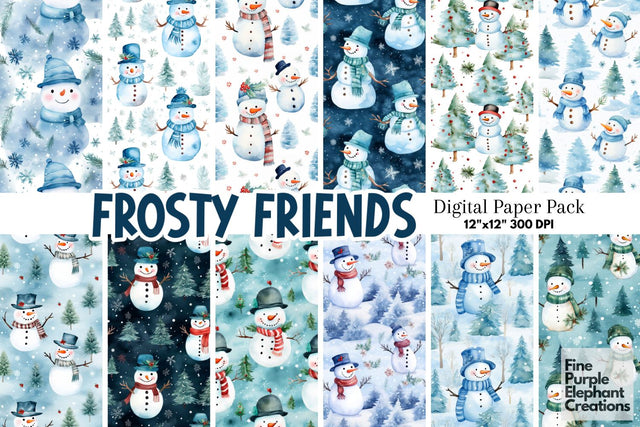 Watercolor Winter Snowman Digital Pattern Fine Purple Elephant Creations 