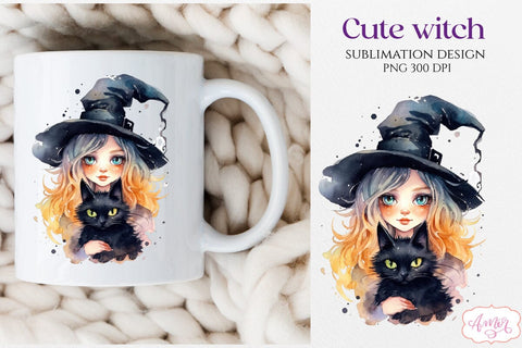 Watercolor witch and cat PNG for sublimation Sublimation Amorclipart 