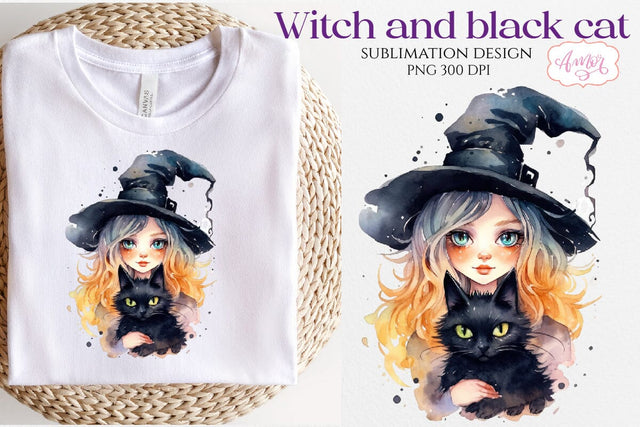 Watercolor witch and cat PNG for sublimation Sublimation Amorclipart 