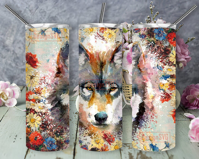 Watercolor Wolf Tumbler Wrap, Wolf 20oz Skinny Tumbler, Wolf Floral Tumbler Png, Wolf Lover Gift, Wolf Sublimation Design, Colorful Wolf Design Png, Digital Download Sublimation DesignSVG 