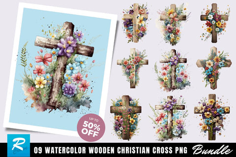 Watercolor Wooden Christian Cross Clipart Bundle Sublimation Regulrcrative 