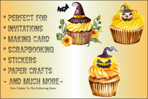 Watercolor Yellow Cupcake and Halloween Clipart Sublimation Creativeart88 