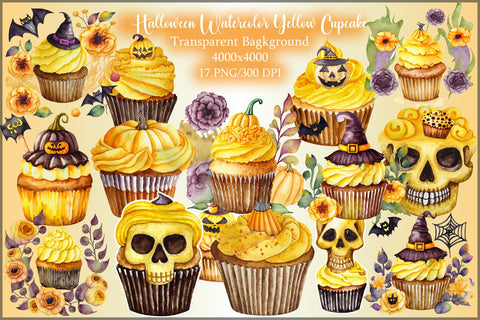 Watercolor Yellow Cupcake and Halloween Clipart Sublimation Creativeart88 