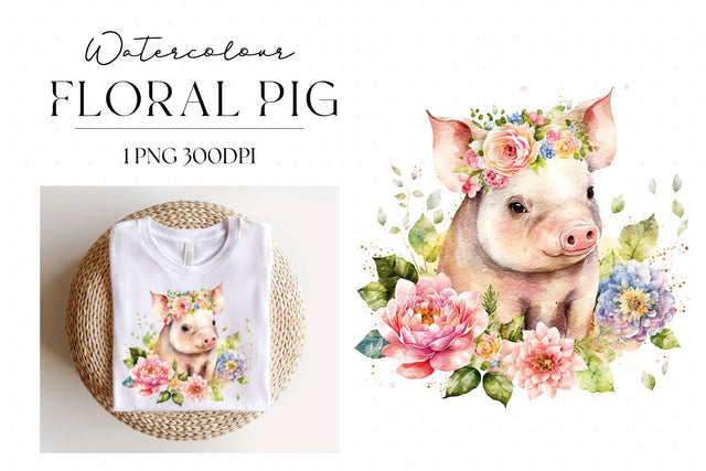 Watercolour Floral Baby Pig Sublimation PNG SVG SVG Cut Studio 