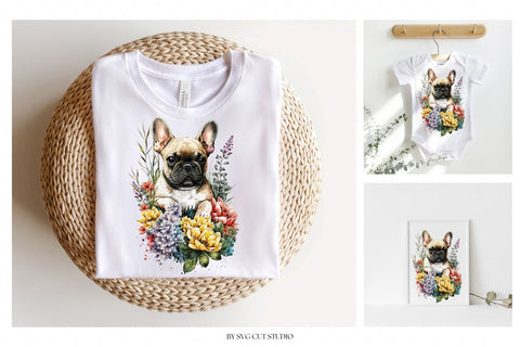 Watercolour Floral French Bulldog Sublimation PNG Sublimation SVG Cut Studio 