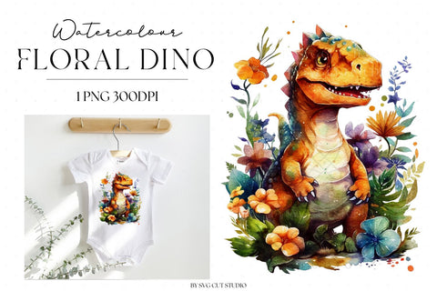 Watercolour Floral T-Rex Baby Dinosaur Sublimation PNG Sublimation SVG Cut Studio 