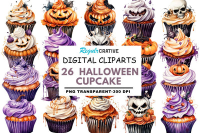 Watercolour Halloween Cupcake Clipart Sublimation Regulrcrative 