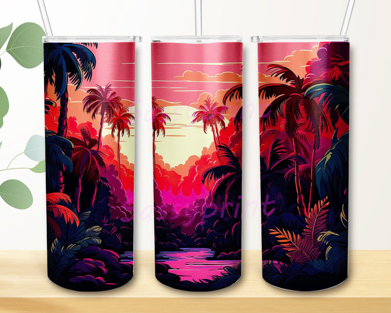 Waterfall Forest Landscape 20oz Skinny Tumbler Png, Forest Waterfall Tumbler, Forest Leaf Tumbler, Waterfall In The Forest Nature Tumbler, Neon Sunset Forest And River Sublimation sassyprint 