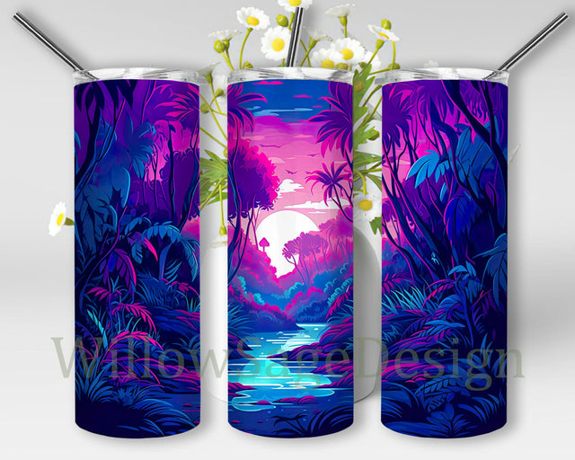 Waterfall Forest Landscape 20oz Skinny Tumbler Png, Forest Waterfall Tumbler, Forest Leaf Tumbler, Waterfall In The Forest Nature Tumbler, Neon Sunset Forest And River Sublimation WillowSageDesign 
