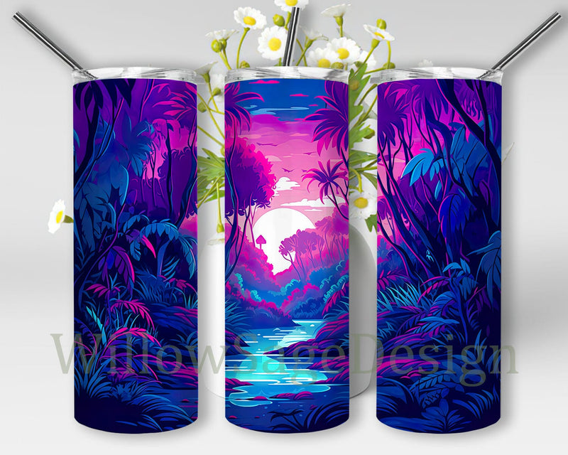 Waterfall Forest Landscape 20oz Skinny Tumbler Png, Forest Waterfall Tumbler, Forest Leaf Tumbler, Waterfall In The Forest Nature Tumbler, Neon Sunset Forest And River Sublimation WillowSageDesign 