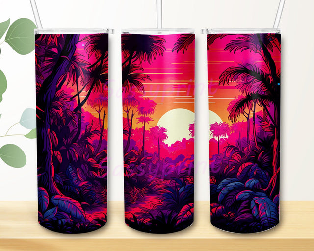 Waterfall Forest Landscape 20oz Skinny Tumbler Png, Forest Waterfall Tumbler, Pink Yellow Colors Png, Waterfall In The Forest Nature Tumbler Sublimation sassyprint 