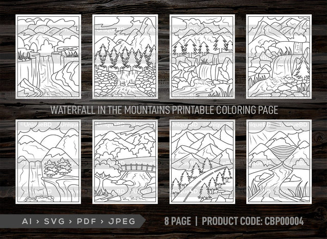Waterfall In The Mountains Printable Coloring Page Bundle, PDF Colouring Book, Instant Download, CBP00004 SVG ETC Craft 