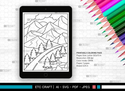 Waterfall In The Mountains Printable Coloring Page, PDF Colouring Book, Instant Download, CBP00004 SVG ETC Craft 