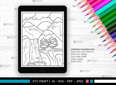 Waterfall In The Mountains Printable Coloring Page, PDF Colouring Book, Instant Download, CBP00004 SVG ETC Craft 