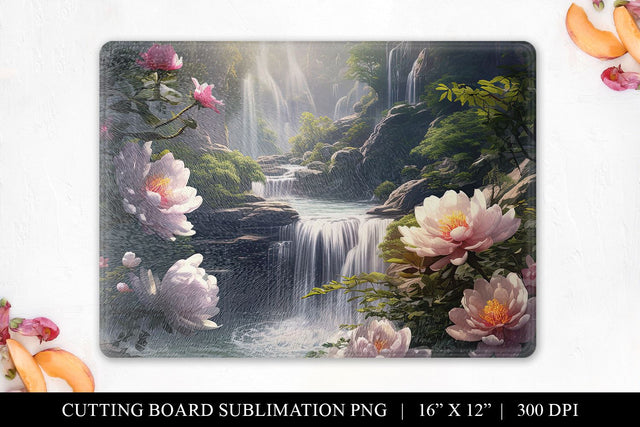 Waterfall with Peonies Cutting Board Sublimation Design PNG Sublimation BijouBay 
