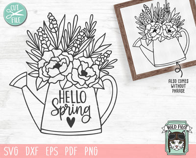 Watering Can SVG, Hello Spring SVG, Hello Spring Sign SVG File, Floral Watering Can Cut File, Easter SVG File, Watering Can With Flowers SVG SVG Wild Pilot 
