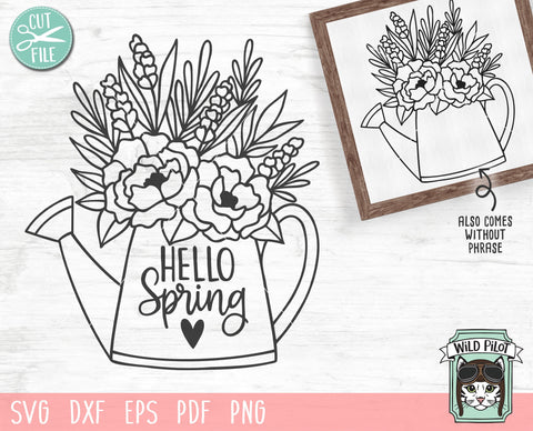 Watering Can SVG, Hello Spring SVG, Hello Spring Sign SVG File, Floral Watering Can Cut File, Easter SVG File, Watering Can With Flowers SVG SVG Wild Pilot 