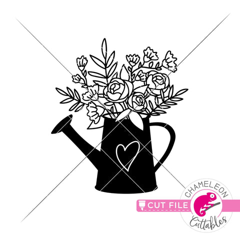 Watering Can with Flowers and Heart svg png dxf SVG Chameleon Cuttables 